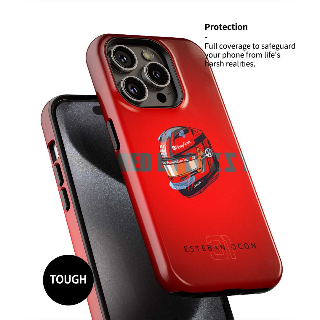 Esteban Ocon 2025 Helmet Phone Case – Multi-Device Red Edition (Haas F1 Design)