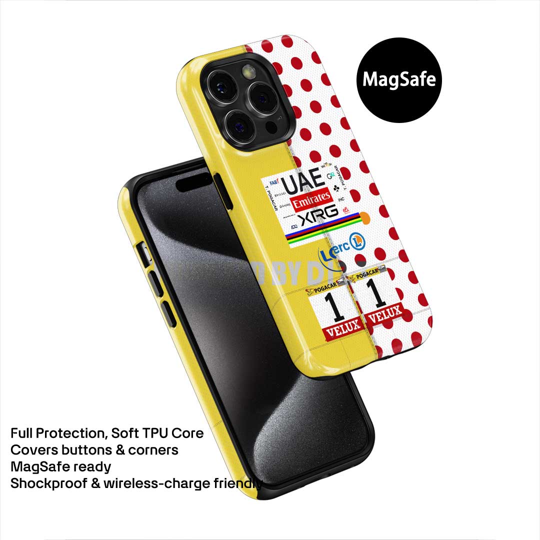 Tadej Pogačar Dual Jersey Phone Case – Yellow & Polka Dot Tour Tribute (for iPhone)