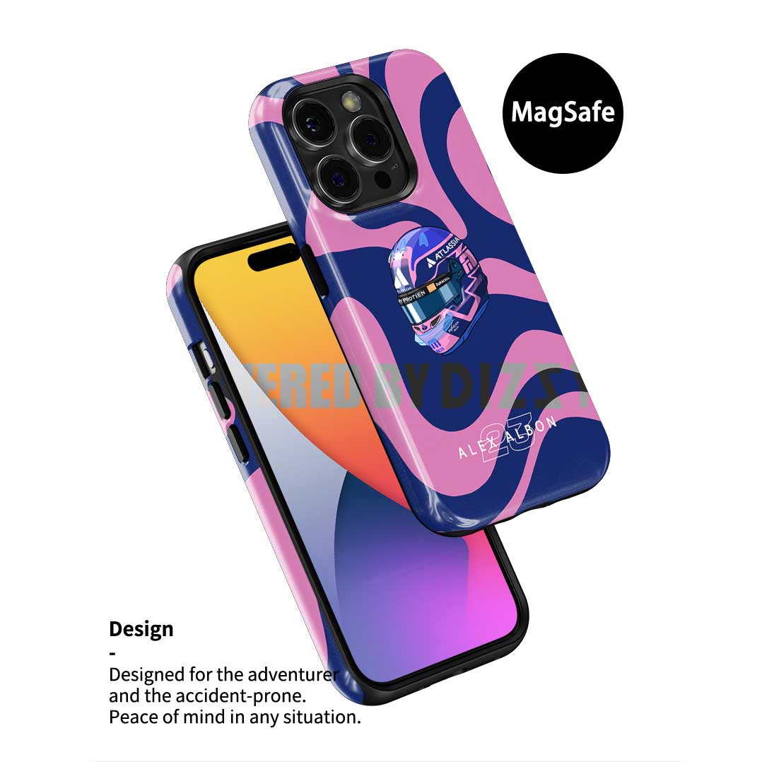 Alex Albon 2025 Helmet Tribute Phone Case – Pink & Navy F1 Design for Samsung Galaxy