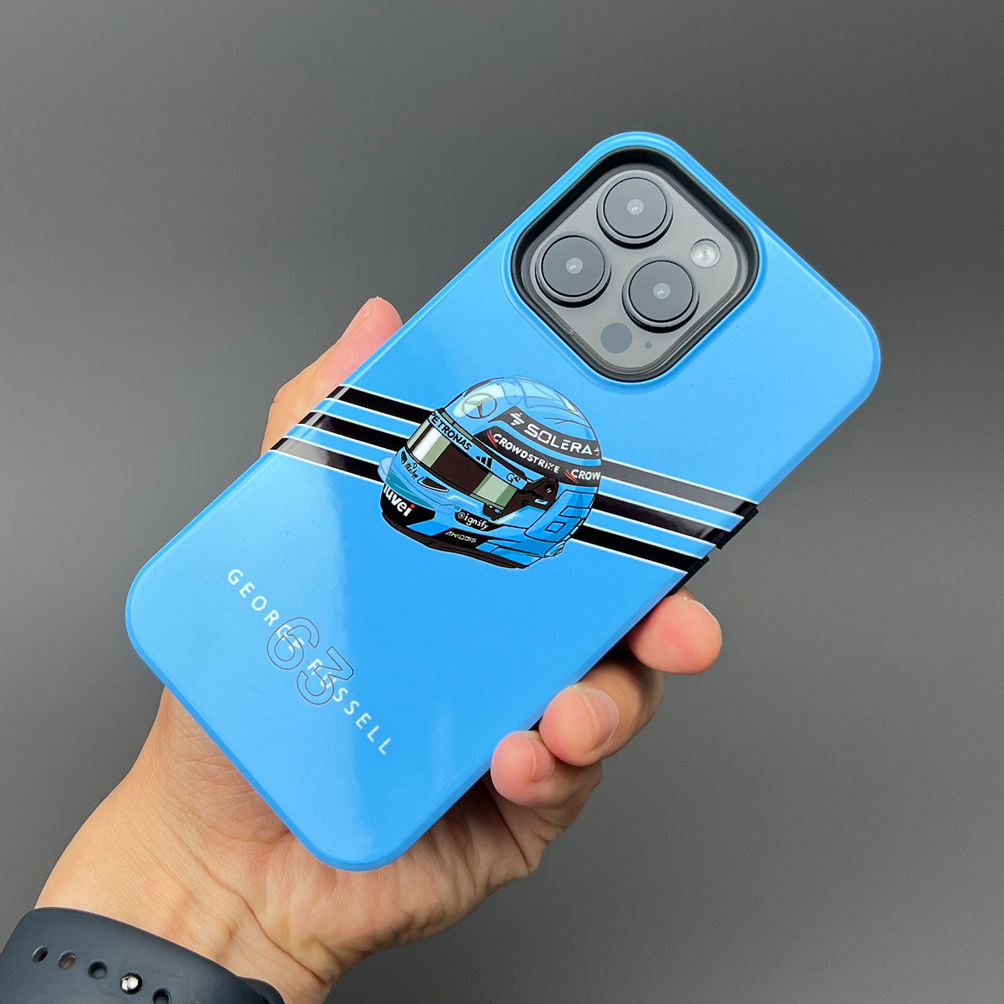 George Russell 2025 Helmet Phone Case – Light Blue Tribute for iPhone (Mercedes Edition)