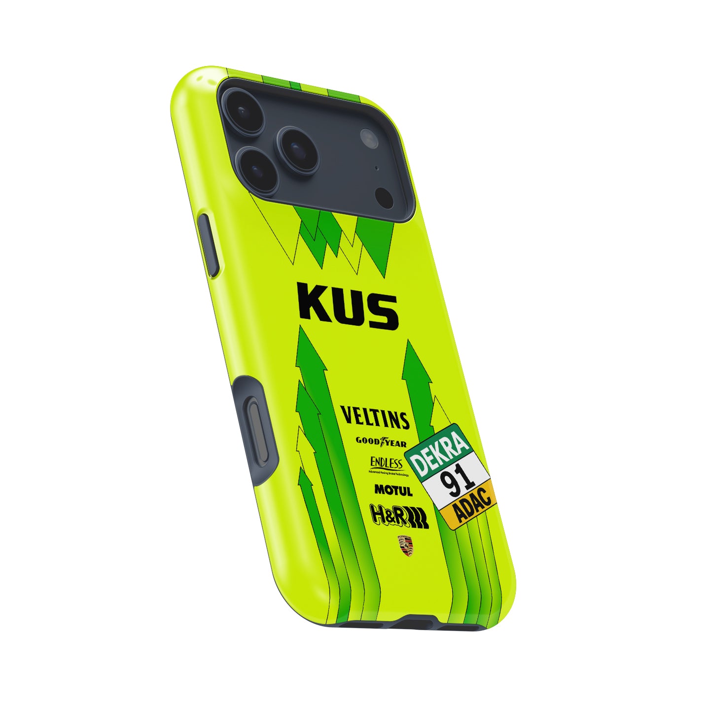 Manthey Racing #91 Porsche 911 GT3 R green and yellow Grello iPhone case front view