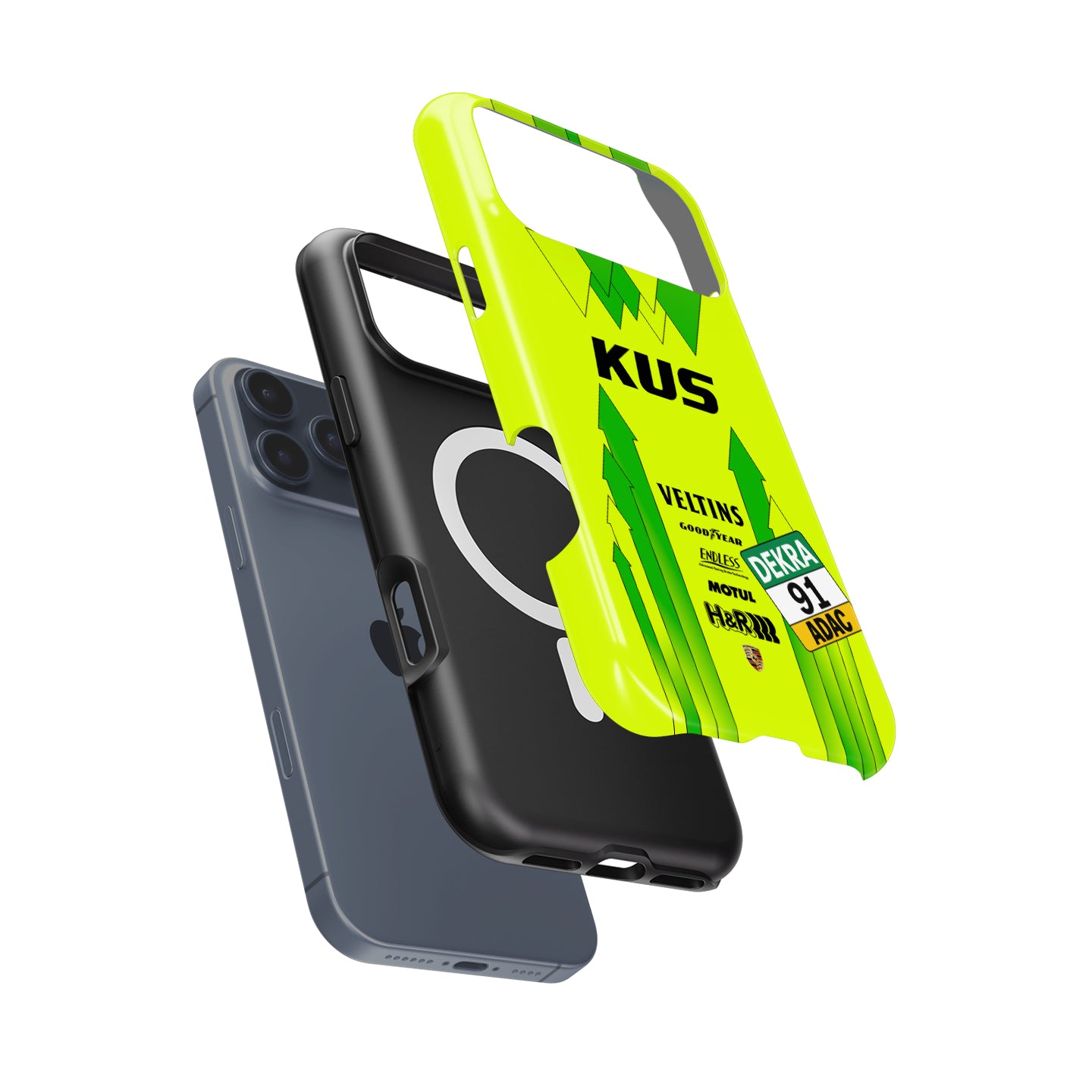 Manthey Racing #91 Porsche 911 GT3 R green and yellow Grello iPhone case front view