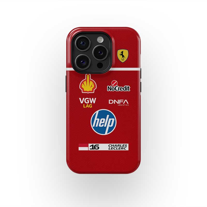 Leclerc Ferrari Parody Race Suit Phone Case – Satirical “HELP” Edition (for iPhone)