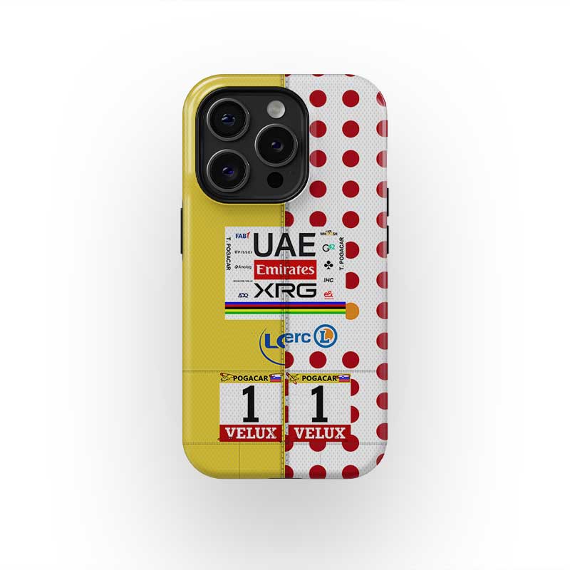 Tadej Pogačar Dual Jersey Phone Case – Yellow & Polka Dot Tour Tribute (for iPhone)