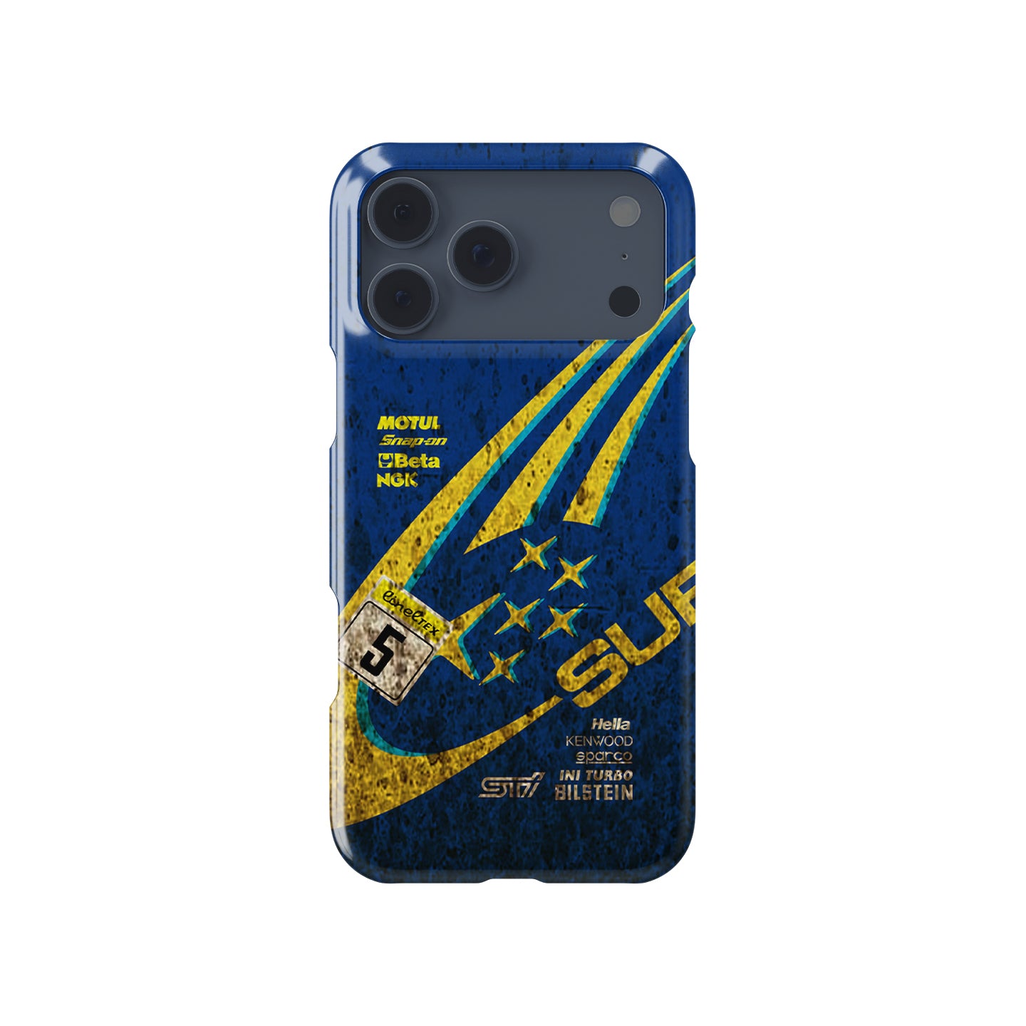 2001 Subaru Impreza S7 WRX STI blue gold rally phone case with No.5 WRC-inspired artwork