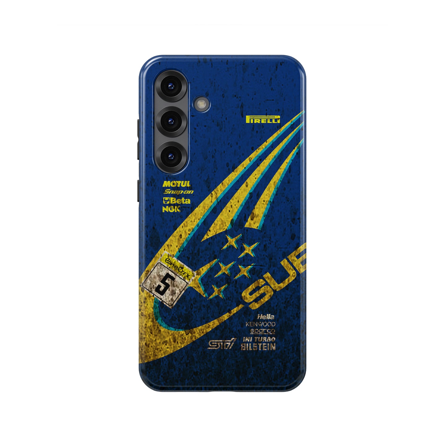 2001 Subaru Impreza S7 WRX STI blue gold rally phone case with No.5 WRC-inspired artwork