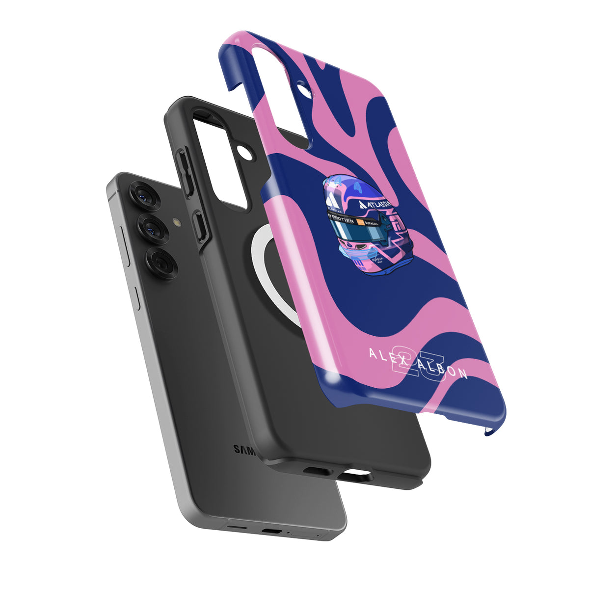 Alex Albon 2025 Helmet Tribute Phone Case – Pink & Navy F1 Design for Samsung Galaxy
