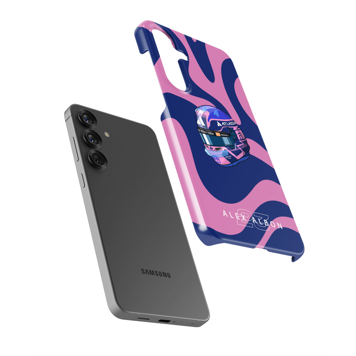 Alex Albon 2025 Helmet Tribute Phone Case – Pink & Navy F1 Design for Samsung Galaxy