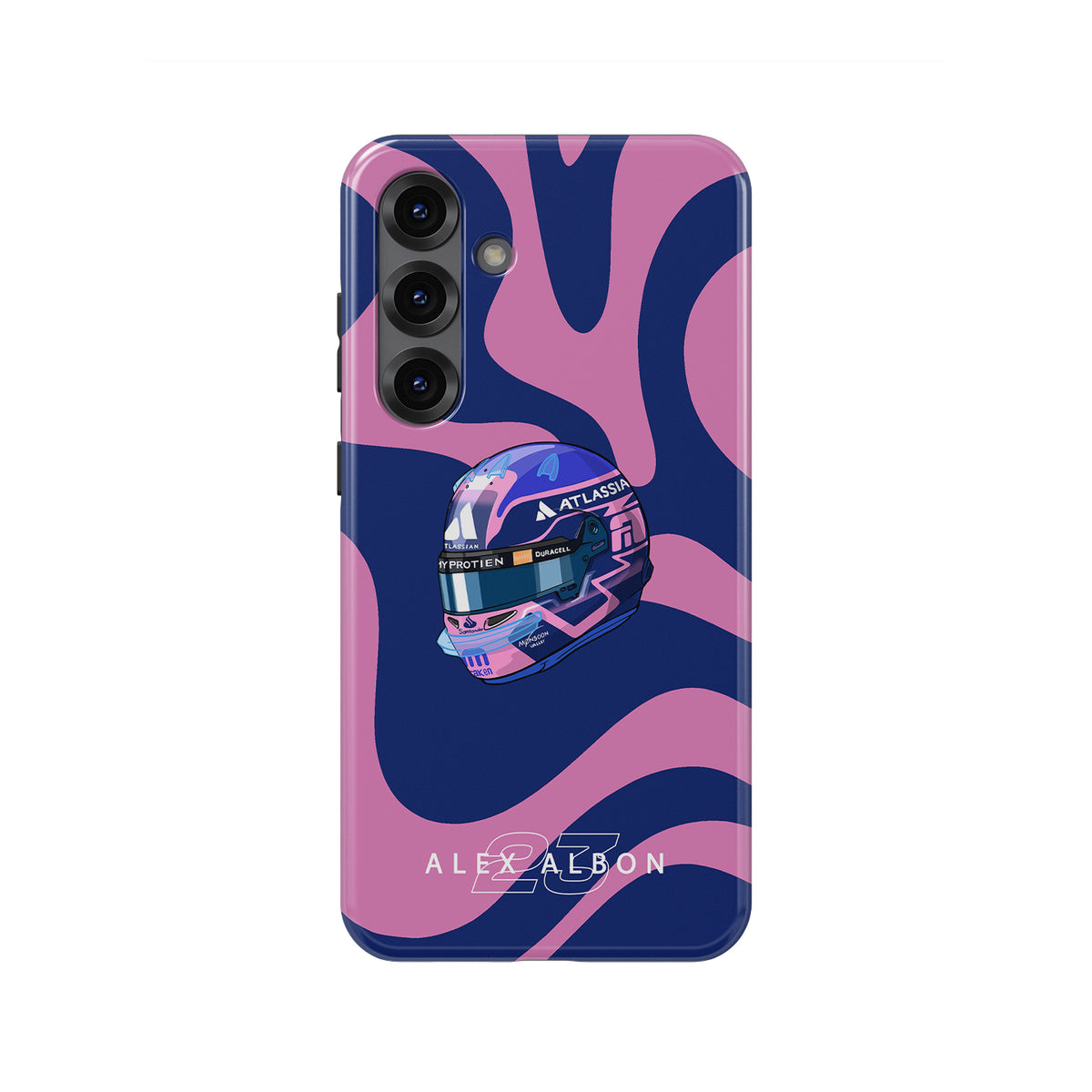 Alex Albon 2025 Helmet Tribute Phone Case – Pink & Navy F1 Design for Samsung Galaxy