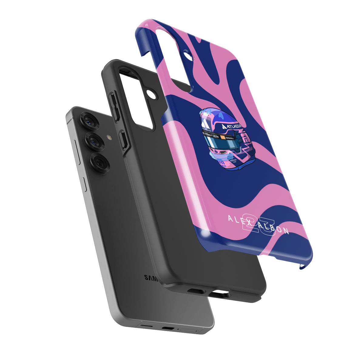 Alex Albon 2025 Helmet Tribute Phone Case – Pink & Navy F1 Design for Samsung Galaxy