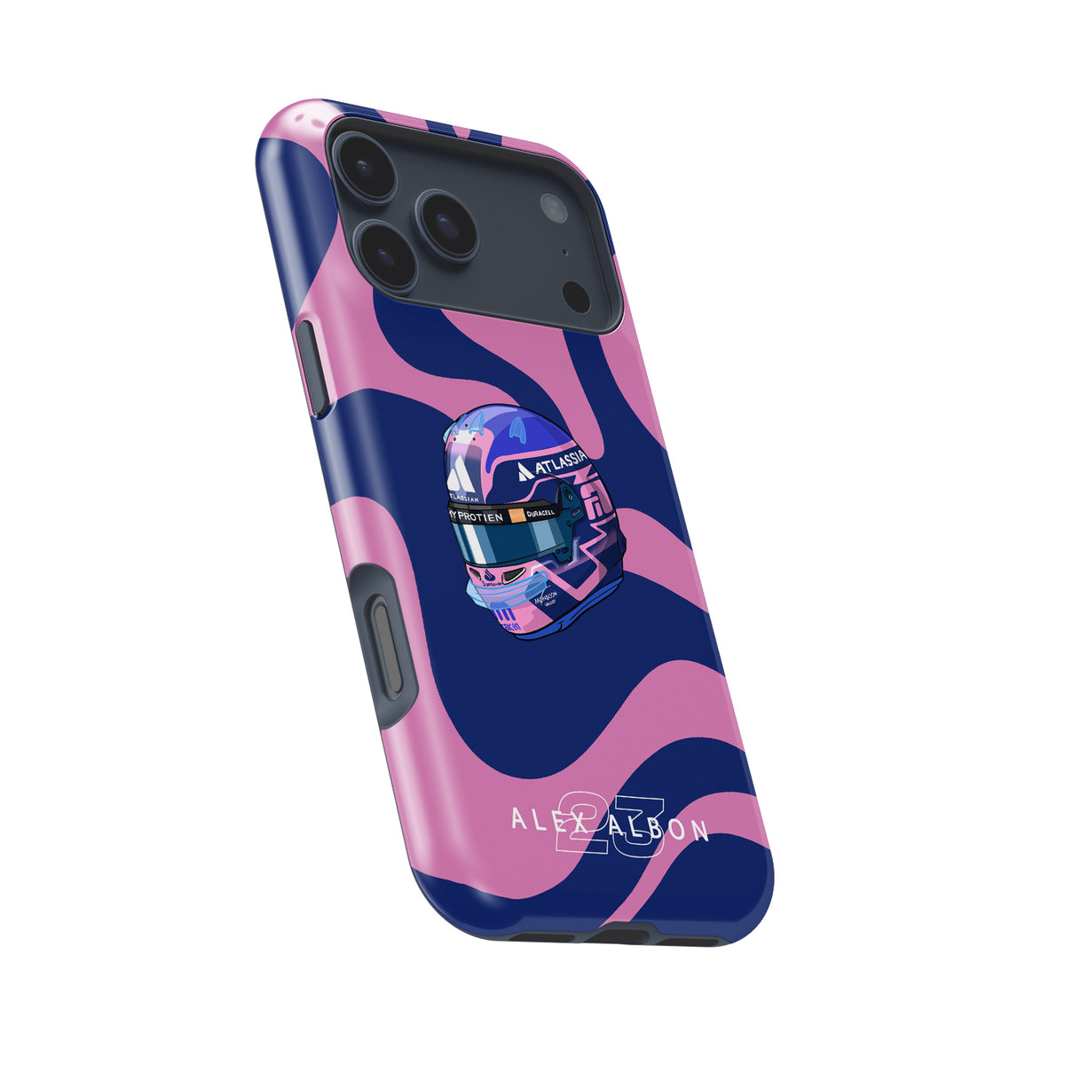 Alex Albon 2025 Helmet Tribute Phone Case – Bold Pink & Navy Design for iPhone