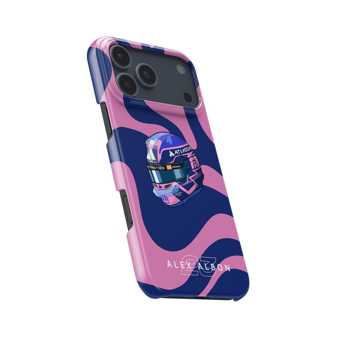 Alex Albon 2025 Helmet Tribute Phone Case – Bold Pink & Navy Design for iPhone