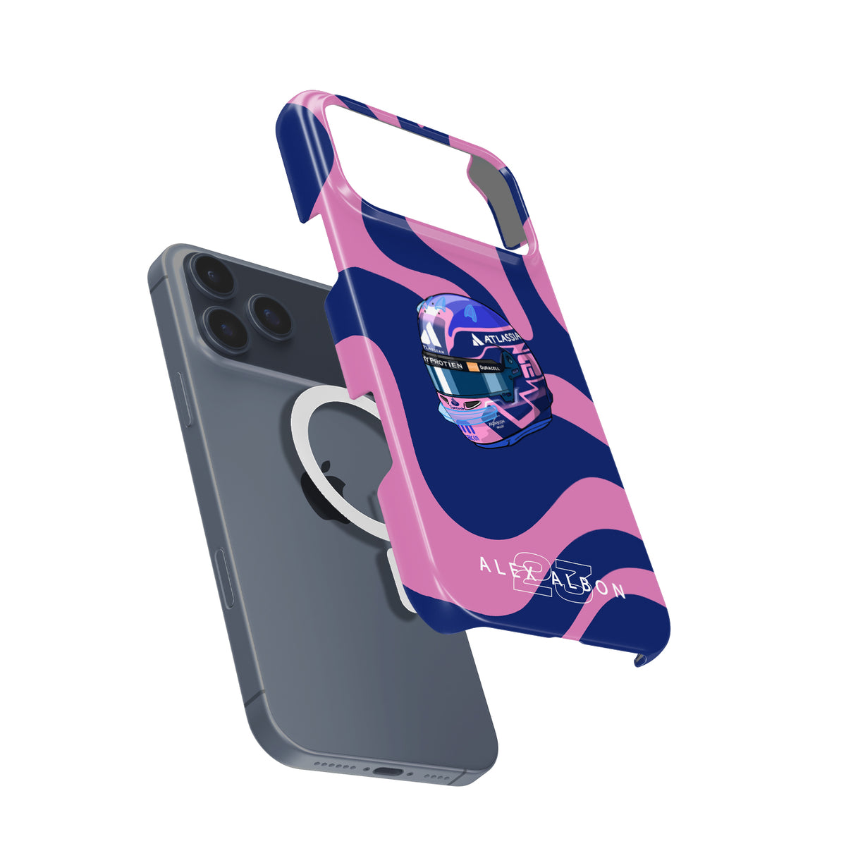 Alex Albon 2025 Helmet Tribute Phone Case – Bold Pink & Navy Design for iPhone