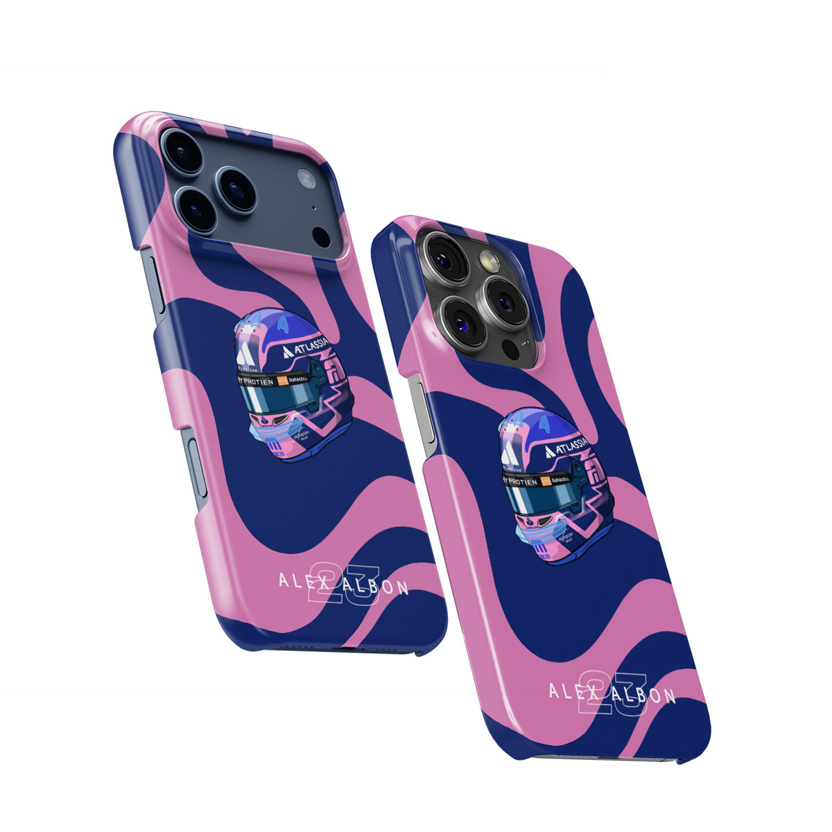Alex Albon 2025 Helmet Tribute Phone Case – Bold Pink & Navy Design for iPhone
