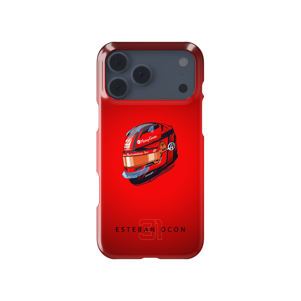 Esteban Ocon 2025 Helmet – Bold Red Tribute Formula 1 racing iPhone case view 1