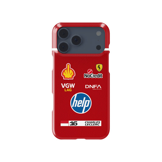 Leclerc Ferrari Parody Race Suit – Satirical “HELP” Edition Formula 1 racing iPhone case view 1
