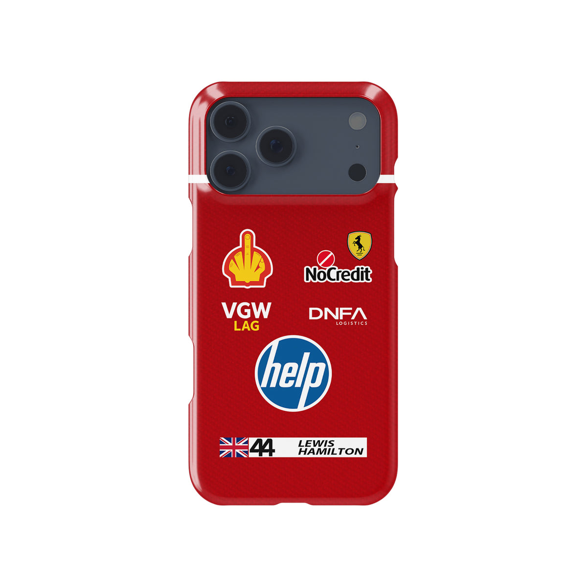 Lewis Hamilton Ferrari Parody Race Suit – Satirical “HELP” Edition Formula 1 racing iPhone case view 1