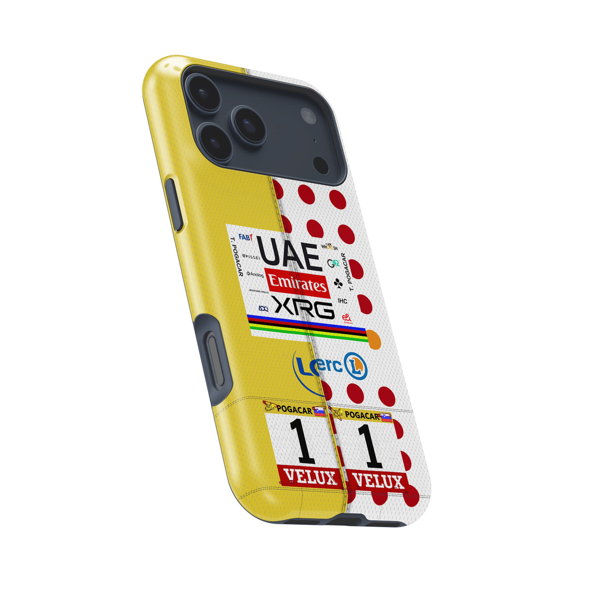 Tadej Pogačar Dual Jersey Phone Case – Yellow & Polka Dot Tour Tribute (for iPhone)