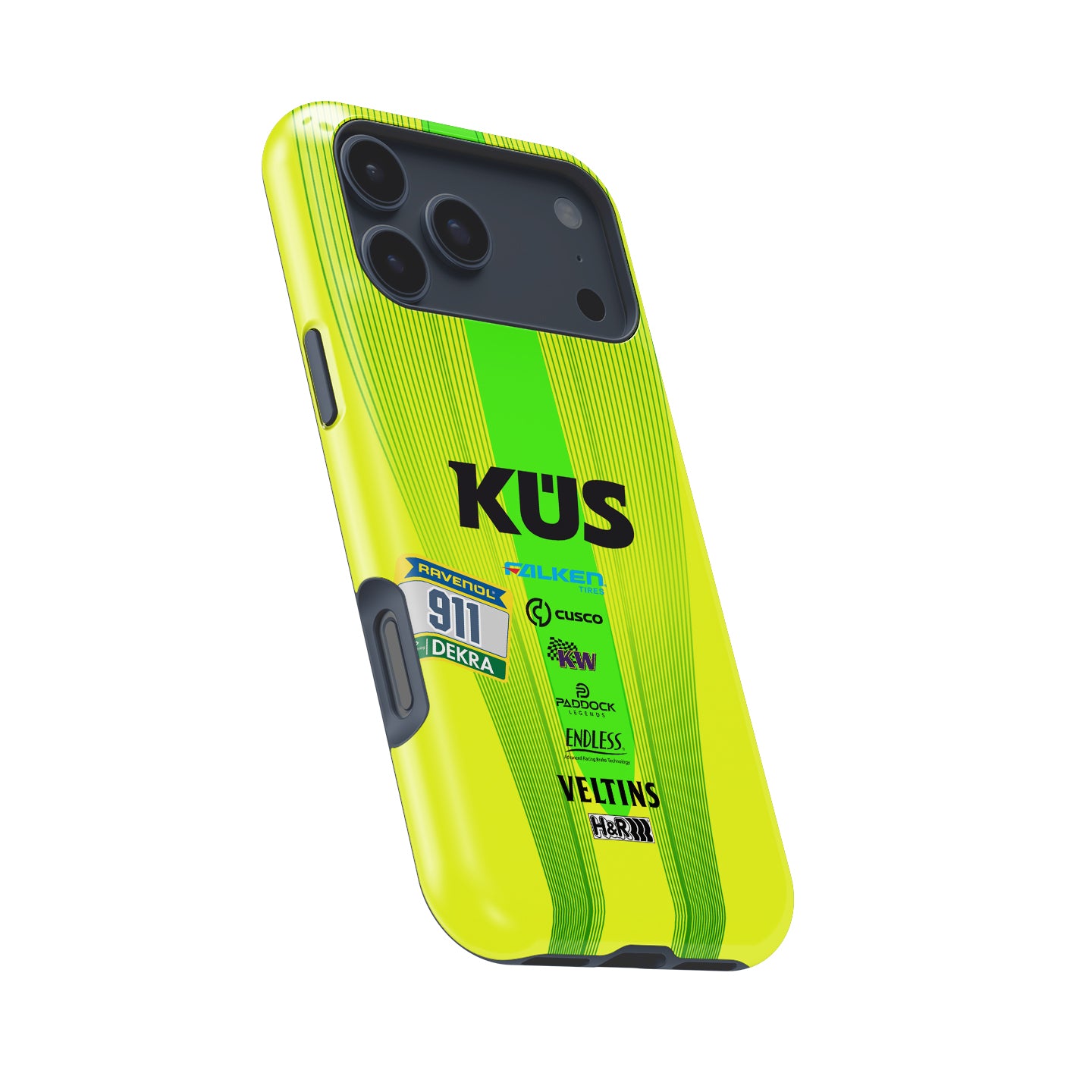 Grello 30th Anniversary 911 racing livery inspired iPhone phone case in fluorescent yellow green