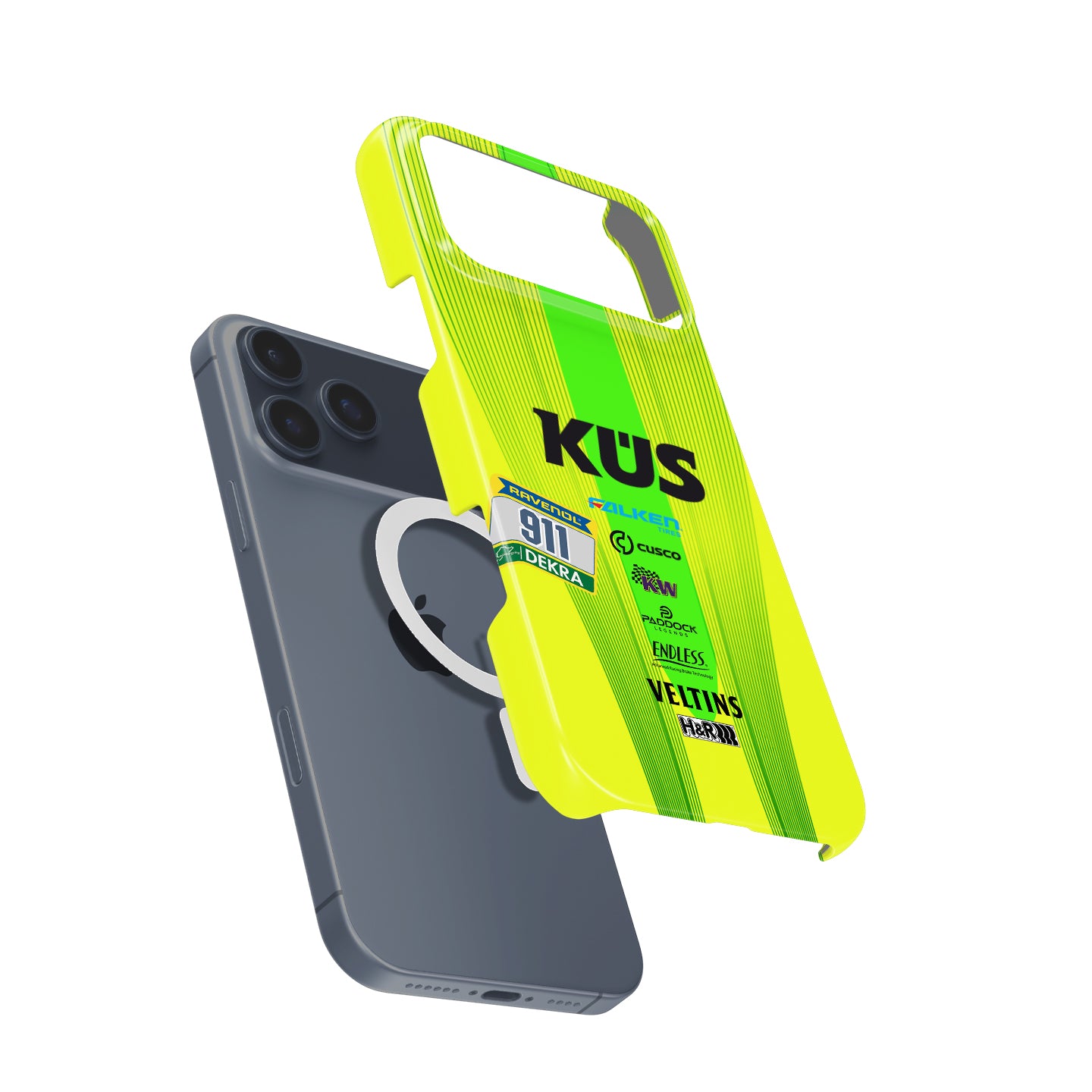 Grello 30th Anniversary 911 racing livery inspired iPhone phone case in fluorescent yellow green