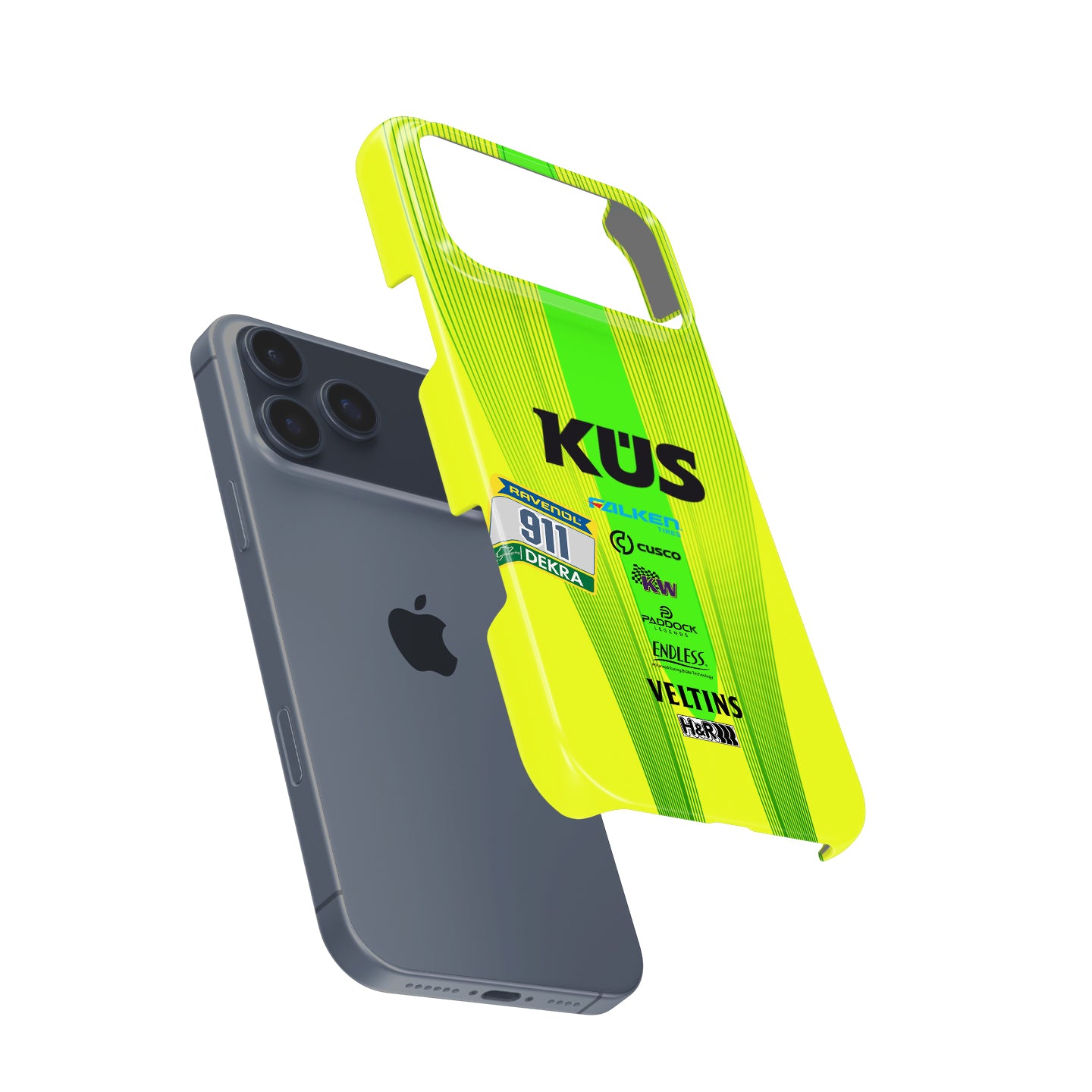 Grello 30th Anniversary 911 racing livery inspired iPhone phone case in fluorescent yellow green