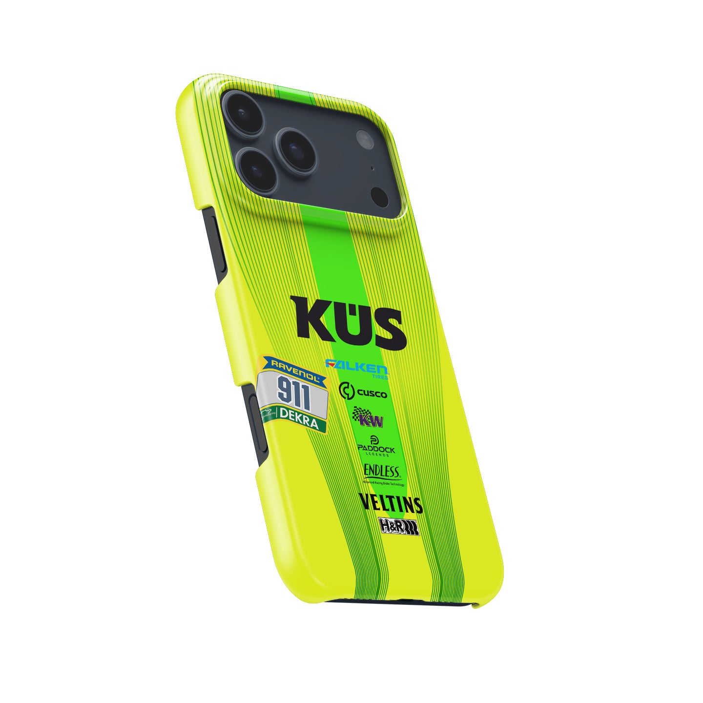 Grello 30th Anniversary 911 racing livery inspired iPhone phone case in fluorescent yellow green