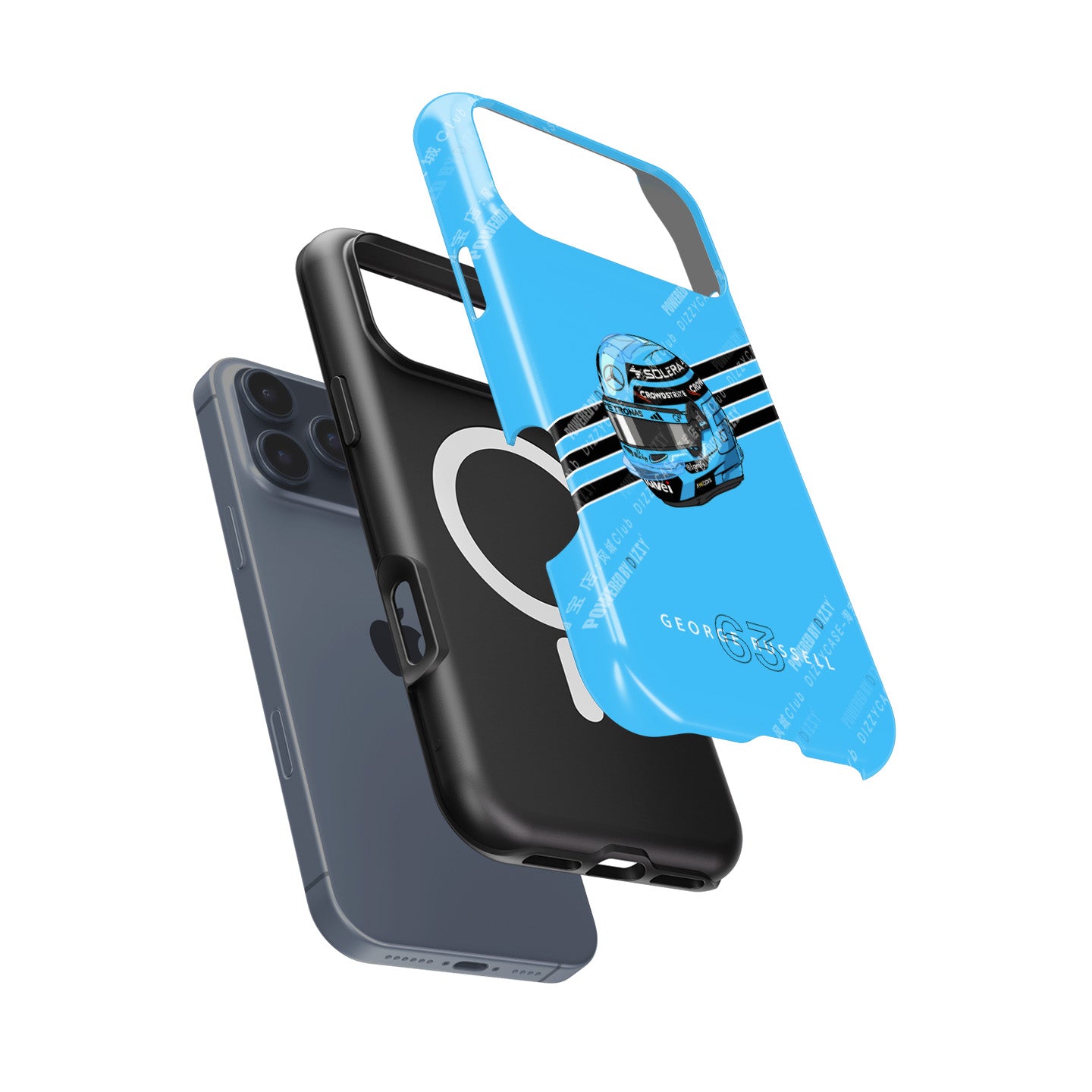 George Russell 2025 Helmet Phone Case – Light Blue Tribute for iPhone (Mercedes Edition)