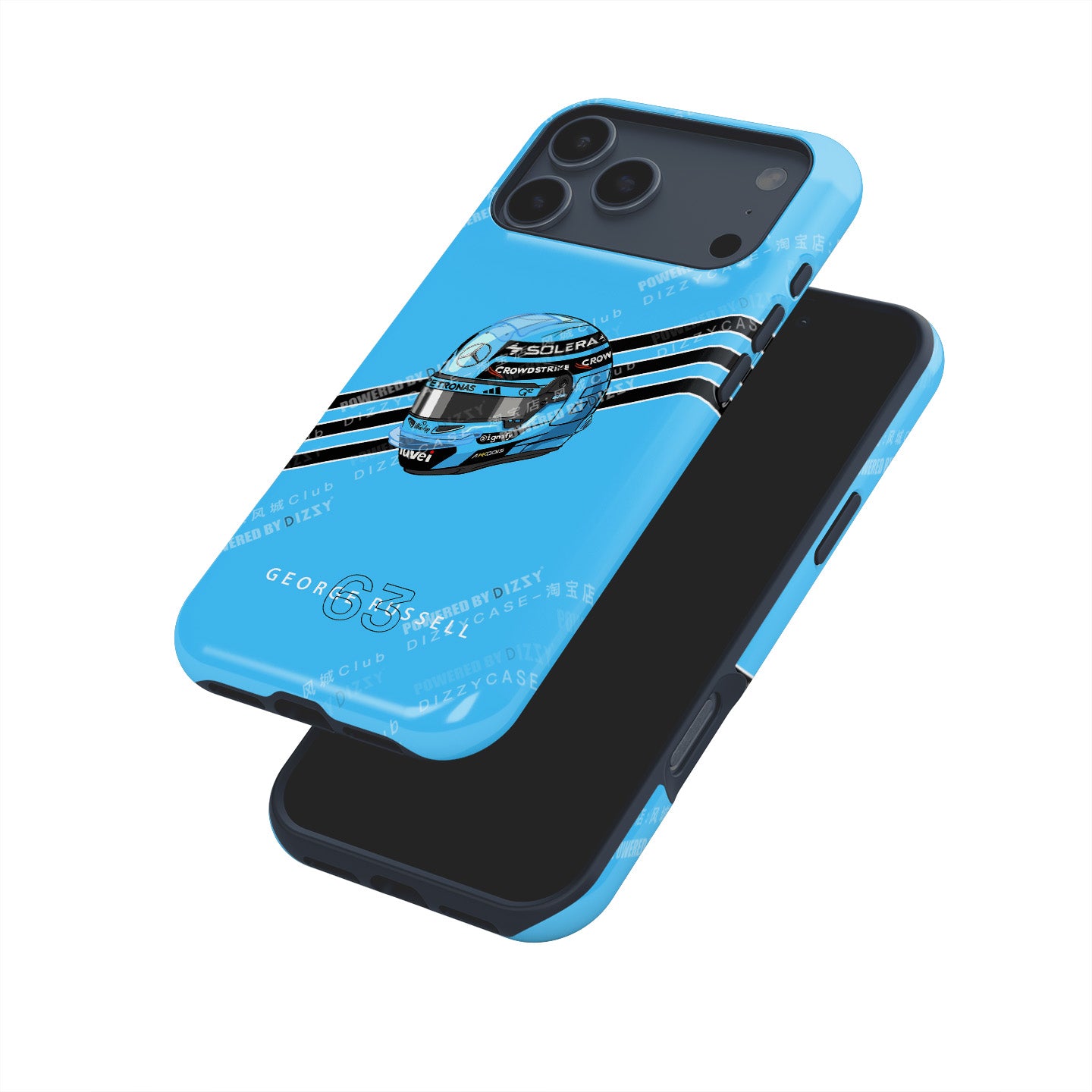 George Russell 2025 Helmet Phone Case – Light Blue Tribute for iPhone (Mercedes Edition)