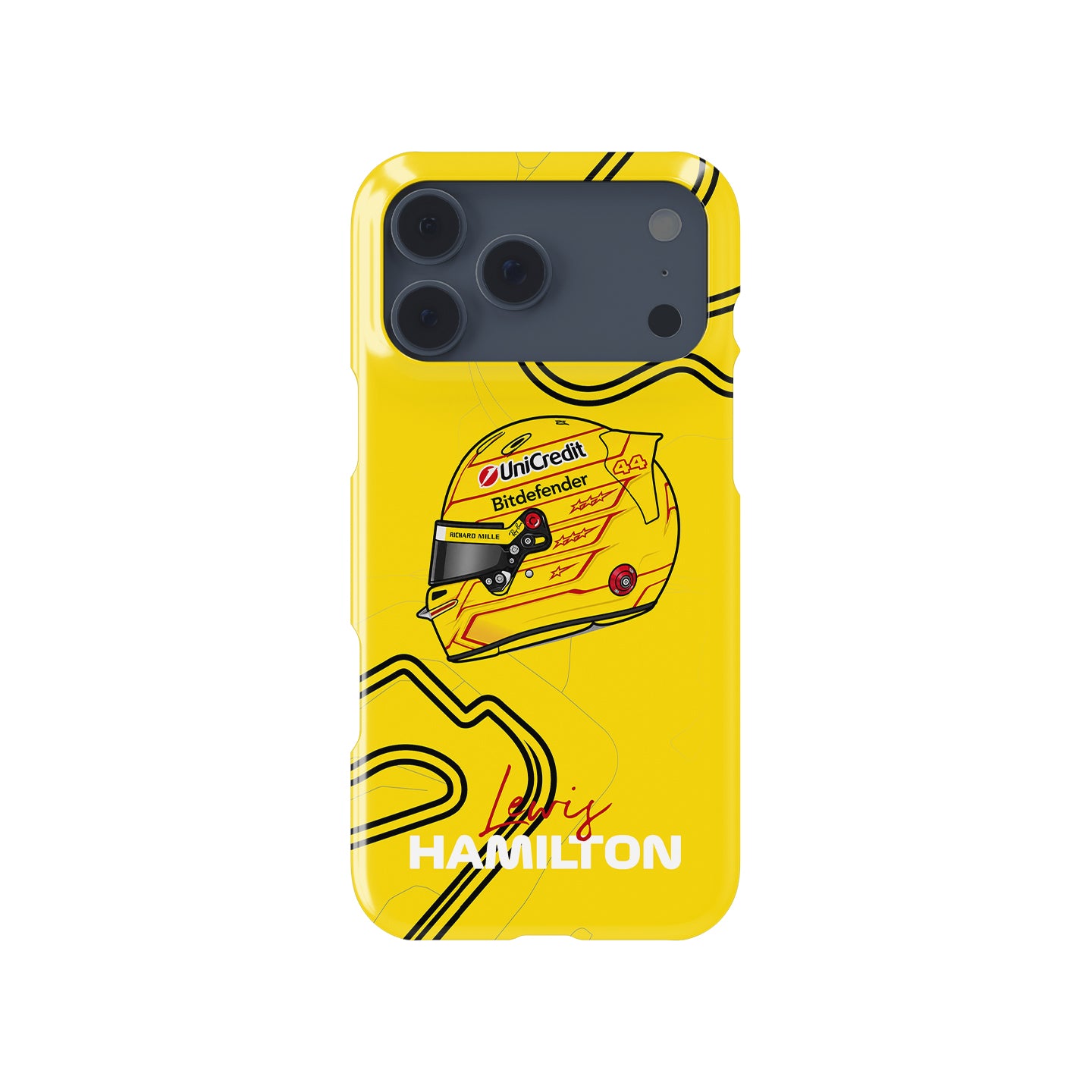 Lewis Hamilton Barcelona-Catalunya 2026 yellow F1 helmet phone case with No.44 and circuit artwork