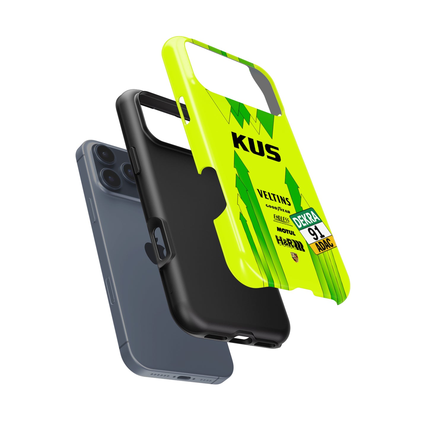 Manthey Racing #91 Porsche 911 GT3 R green and yellow Grello iPhone case front view