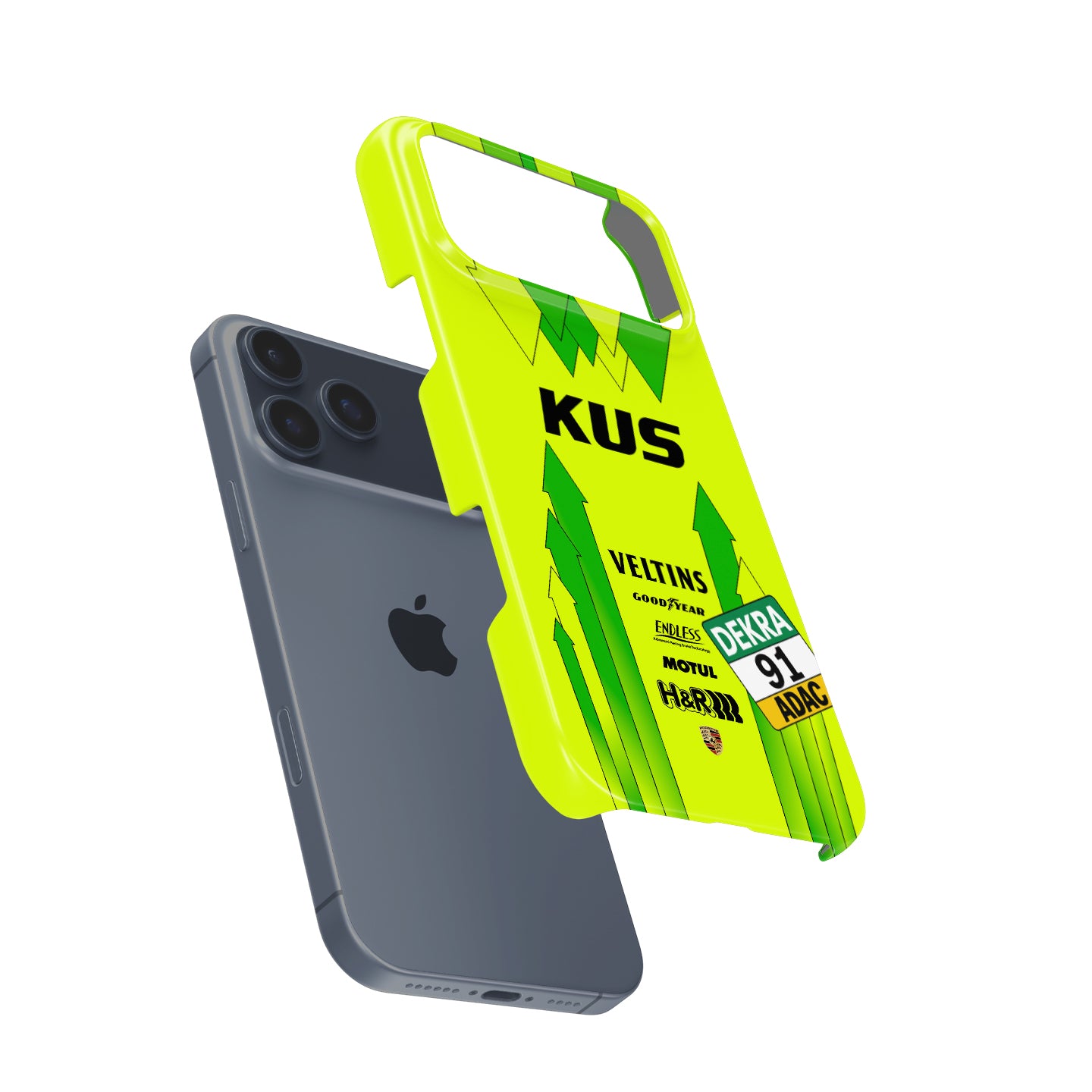 Manthey Racing #91 Porsche 911 GT3 R green and yellow Grello iPhone case front view