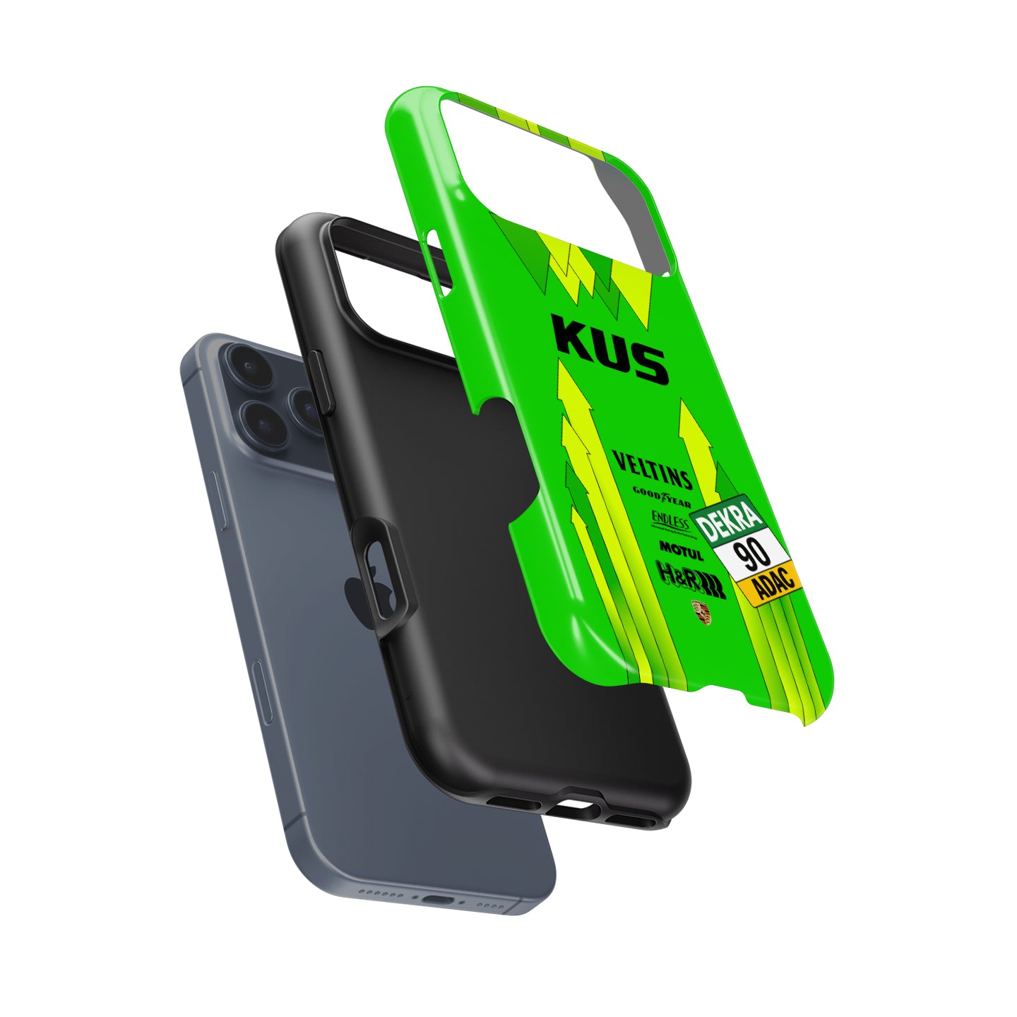 Manthey Racing #90 Porsche 911 GT3 R green and yellow Grello iPhone case front view