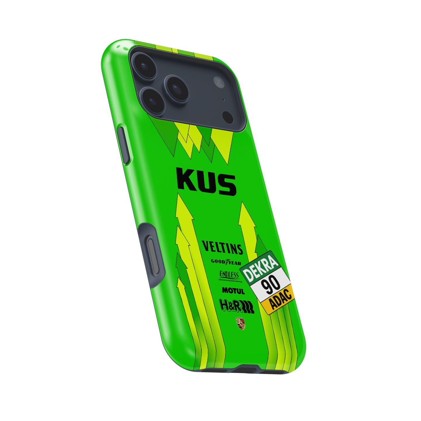 Manthey Racing #90 Porsche 911 GT3 R green and yellow Grello iPhone case front view