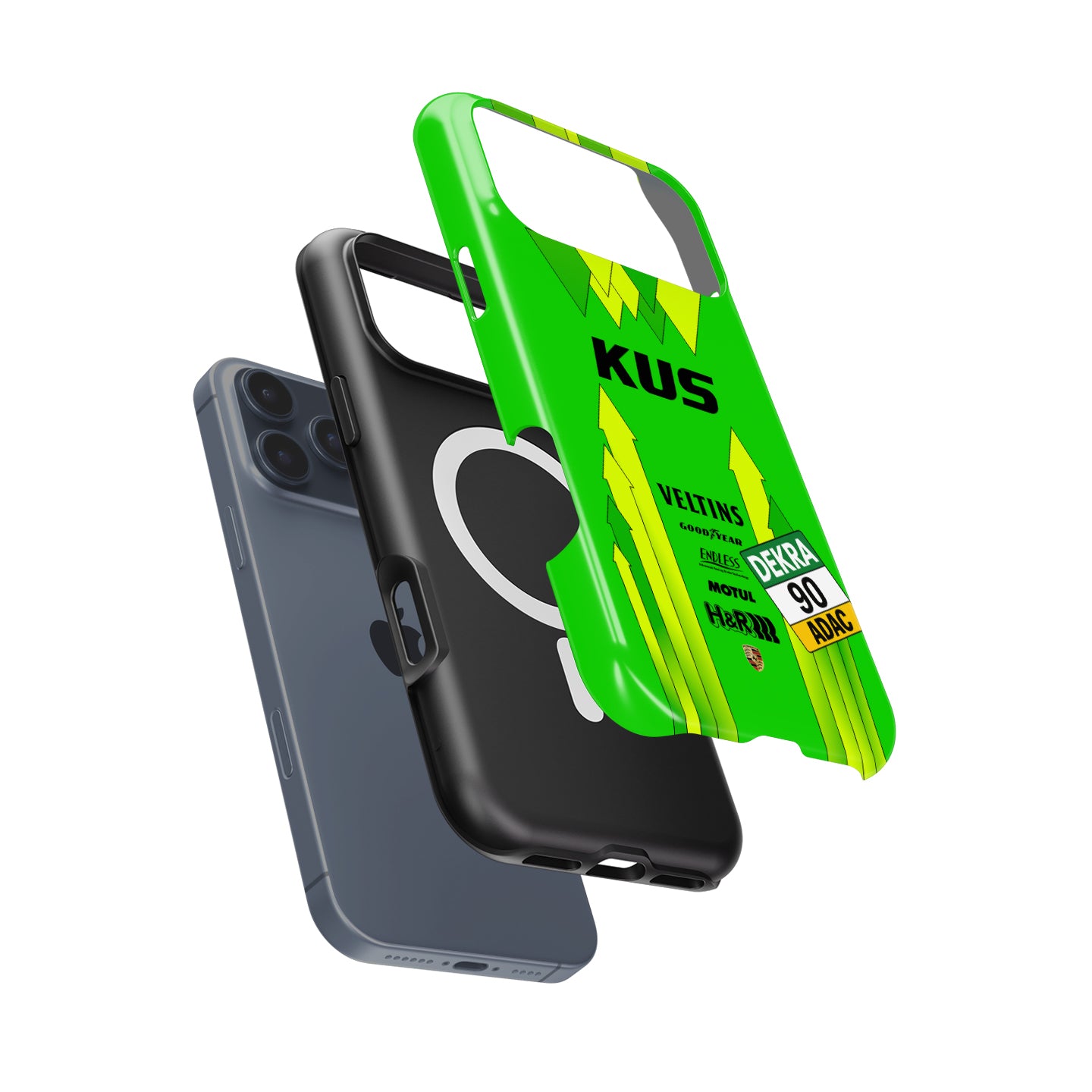 Manthey Racing #90 Porsche 911 GT3 R green and yellow Grello iPhone case front view