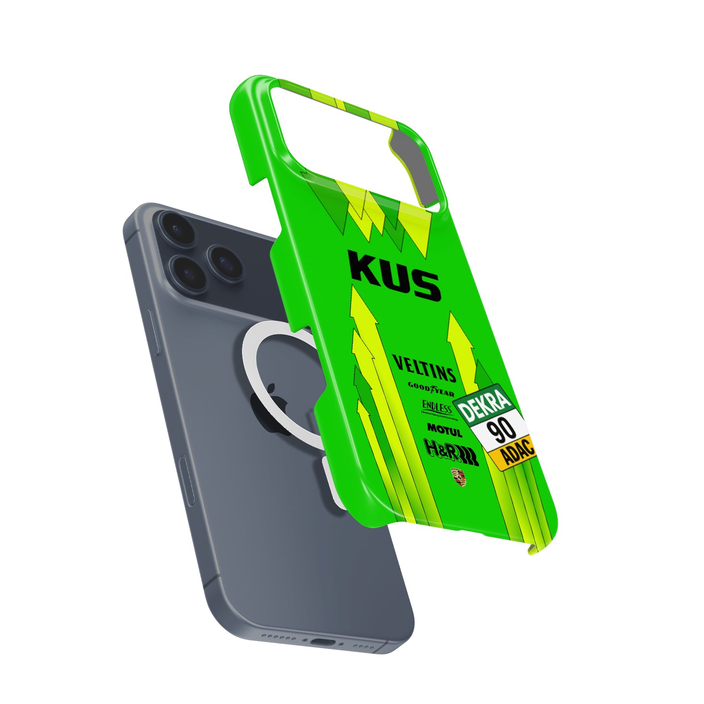 Manthey Racing #90 Porsche 911 GT3 R green and yellow Grello iPhone case front view