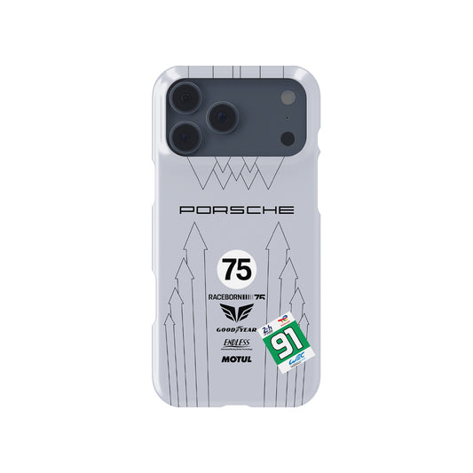 Silver Porsche Raceborn 75 number 91 911 GT3 R Le Mans iPhone case front view