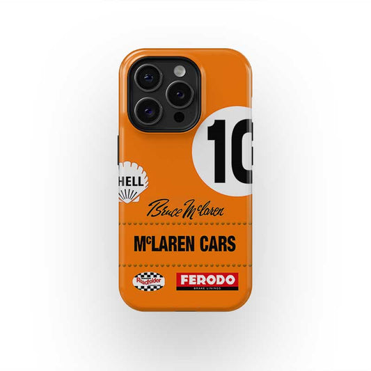 Leyenda de las carreras Bruce Mclaren m7c f1 fórmula 1 librea de carreras Fundas para teléfonos | MAREADO