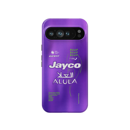 Team Jayco AlUla 2026 purple cycling jersey inspired phone case for Google Pixel OnePlus Xiaomi and Huawei