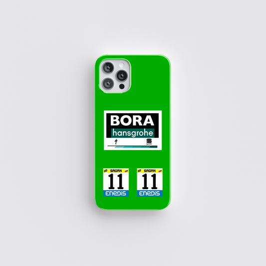 Front view of a green Peter Sagan phone case