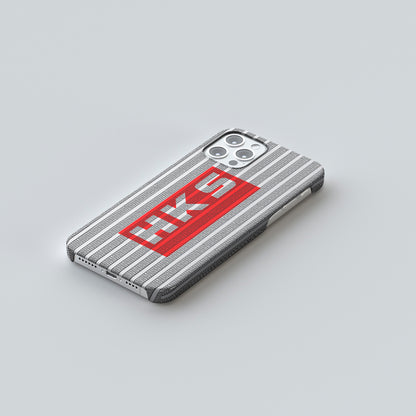 Side view of a silver and red HKS Aluminum phone case